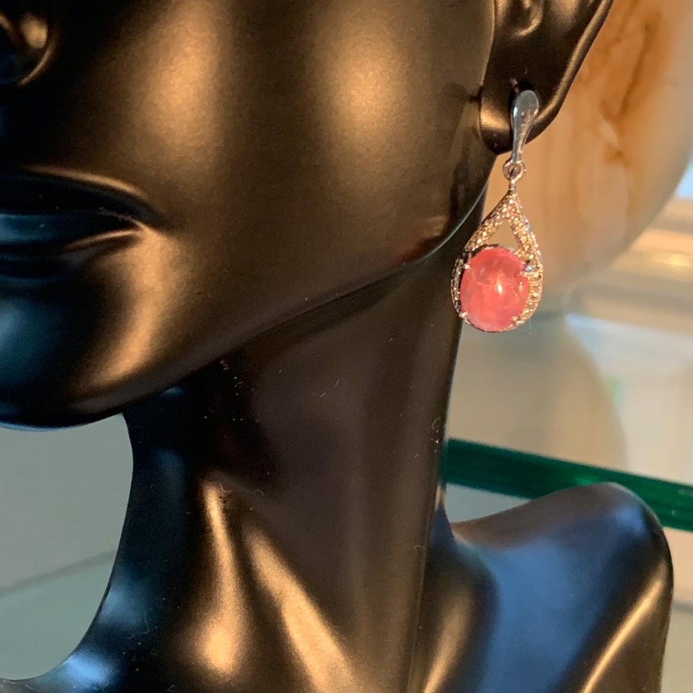 Argentinian Rhodochrosite and Diamond Earrings in Platinum Over Sterling Silver